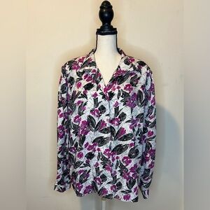 Vtg Charles Vogele Blouse 44 Floral Black Pink White Crinkle Poly Shirt